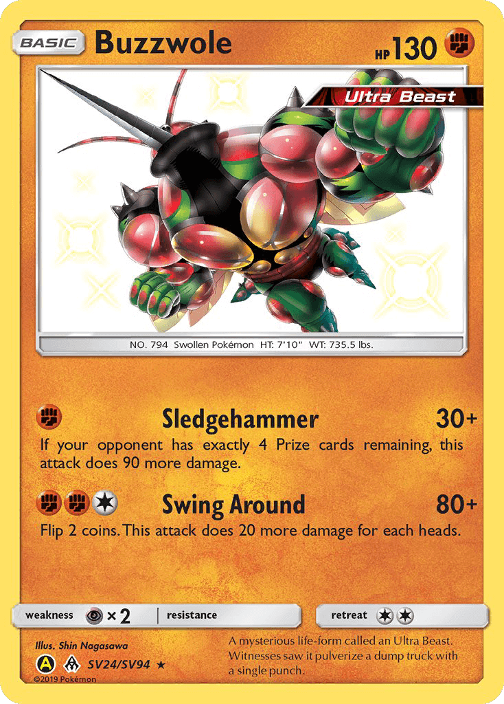 Buzzwole (SV24/SV94) [Sun & Moon: Hidden Fates - Shiny Vault] card featuring Ultra Beast and attack moves.