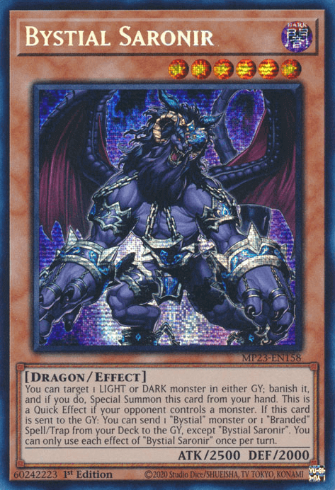 Bystial Saronir [MP23-EN158] Prismatic Secret Rare - Attack 2500, Defense 2000, Dueling Heroes Collectors Tin card.