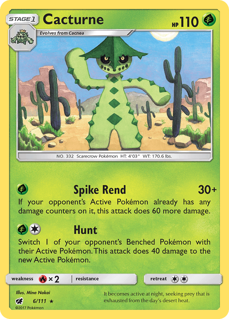 Cacturne (6/111) [Sun & Moon: Crimson Invasion] card displaying its moves and stats.