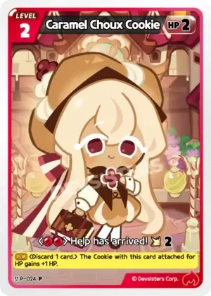 Caramel Choux Cookie P-024 | Promo Card featuring a cute cookie character with HP stats and game information.