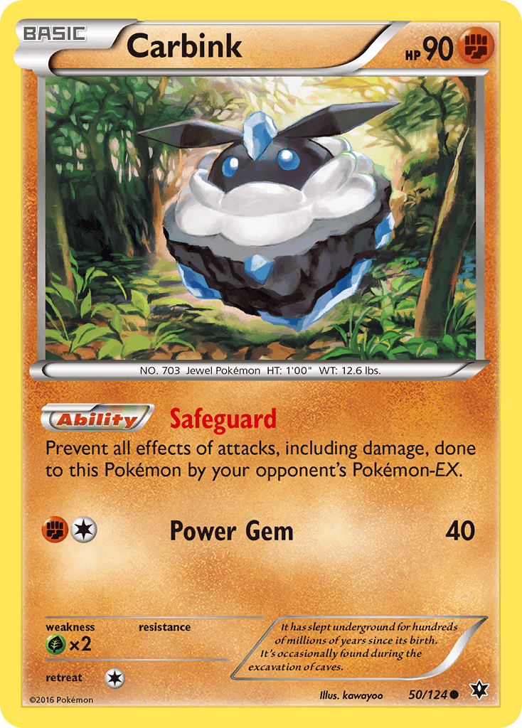 Carbink (50/124) [XY: Fates Collide] card showcasing its HP and abilities like Safeguard and Power Gem.
