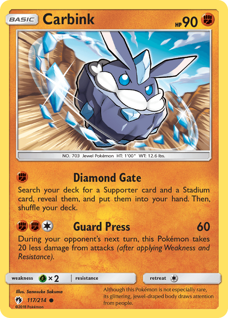 Carbink (117/214) [Sun & Moon: Lost Thunder] card with abilities Diamond Gate and Guard Press in vibrant colors.