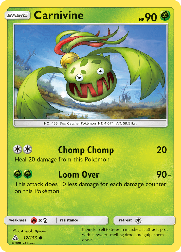Carnivine (12/156) [Sun & Moon: Ultra Prism] featuring HP 90 and attacks Chomp Chomp and Loom Over.