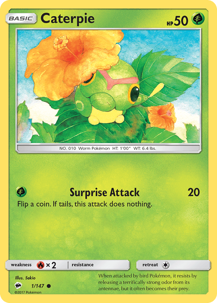 Caterpie (1/147) [Sun & Moon: Burning Shadows] Pokémon card featuring a Grass type with an illustration.