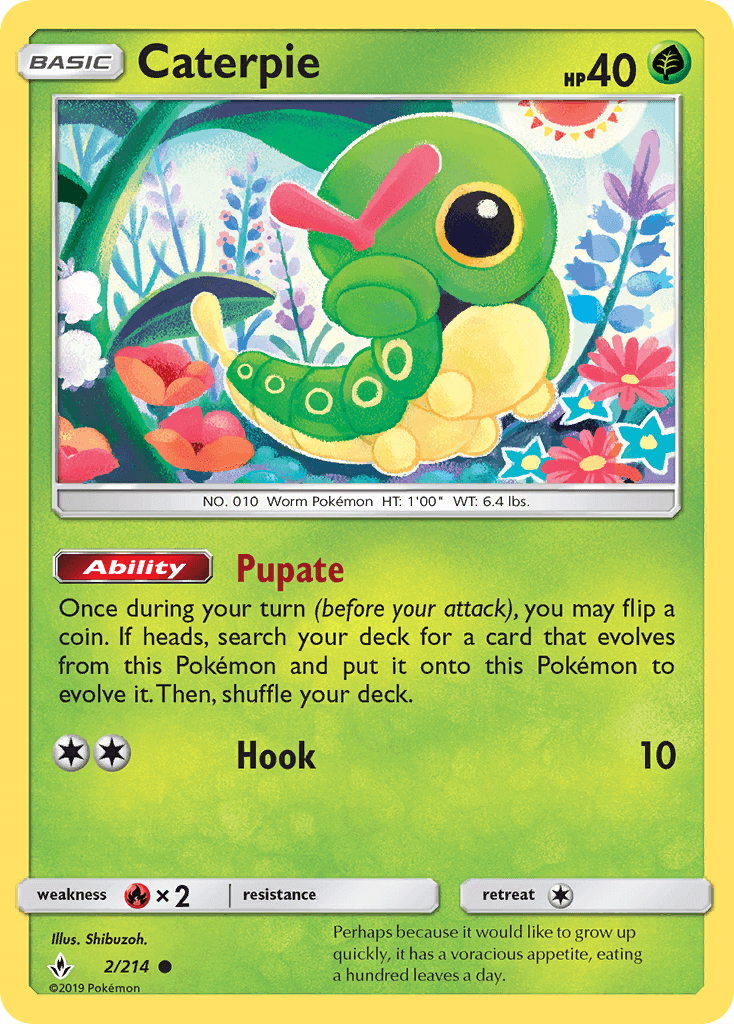 Caterpie (2/214) [Sun & Moon: Unbroken Bonds] grass type Pokémon card with ability Pupate.