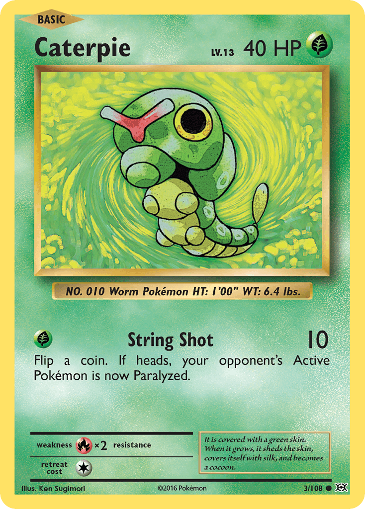 Caterpie (3/108) [XY: Evolutions] trading card featuring a Grass-type Pokémon with notable abilities.