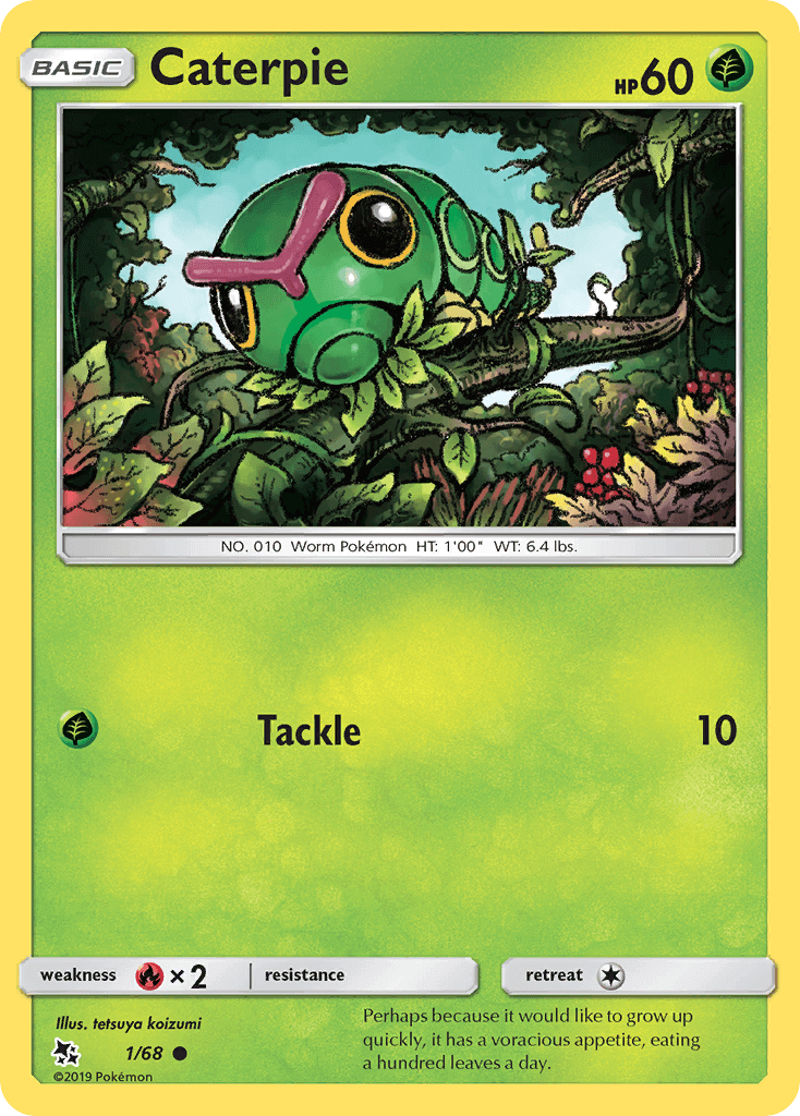 Caterpie (1/68) [Sun & Moon: Hidden Fates] - Grass type Pokémon card with lush background and Tackle move.