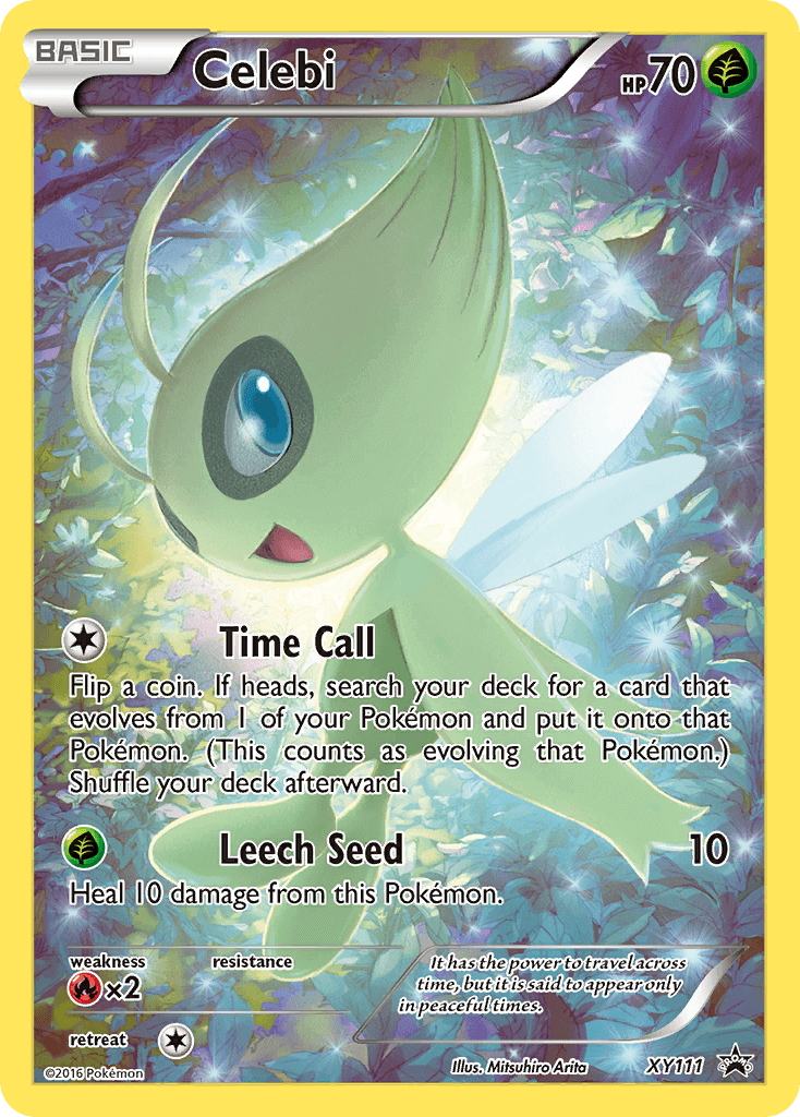 Celebi (XY111) [XY: Black Star Promos] card showcasing abilities like Time Call and Leech Seed.