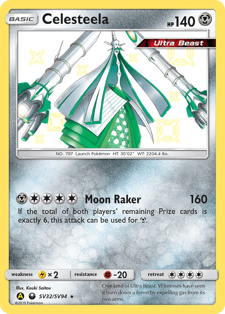 Celesteela (SV32/SV94) [Sun & Moon: Hidden Fates - Shiny Vault] card featuring HP 140 and Ultra Beast abilities.