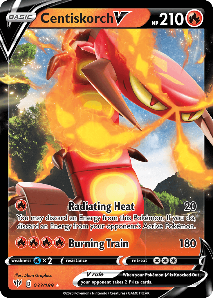 Centiskorch V (033/189) [Sword & Shield: Darkness Ablaze] card featuring fire-type attack stats and artwork.
