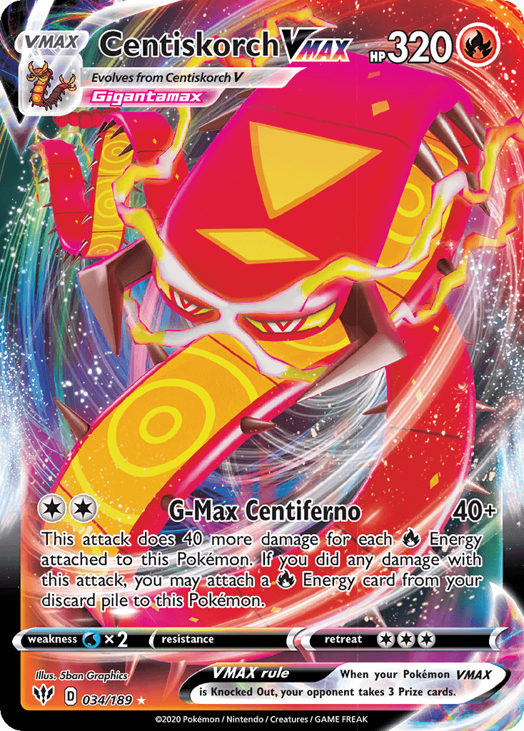 Centiskorch VMAX (034/189) [Sword & Shield: Darkness Ablaze] card featuring G-Max Centiferno move.