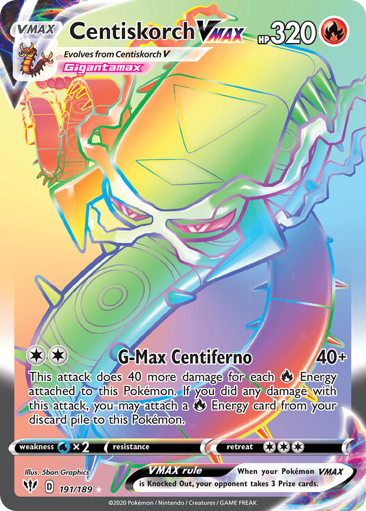 Centiskorch VMAX (191/189) [Sword & Shield: Darkness Ablaze] card featuring Gigantamax abilities and stats.