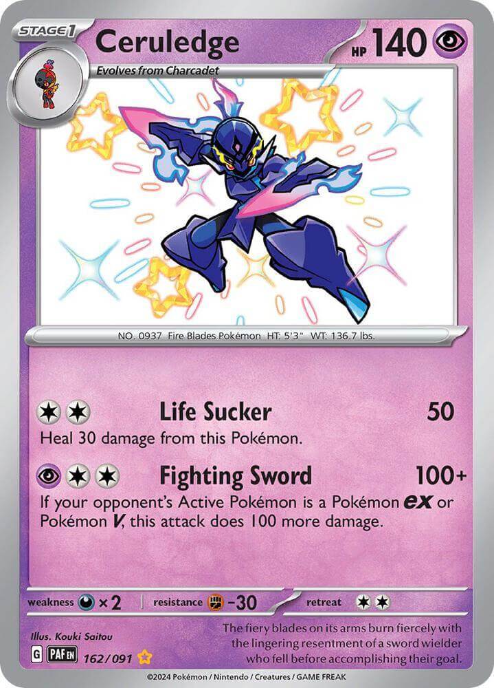 Ceruledge (162/091) [Scarlet & Violet: Paldean Fates] card showcasing shiny Psychic Pokémon's abilities.