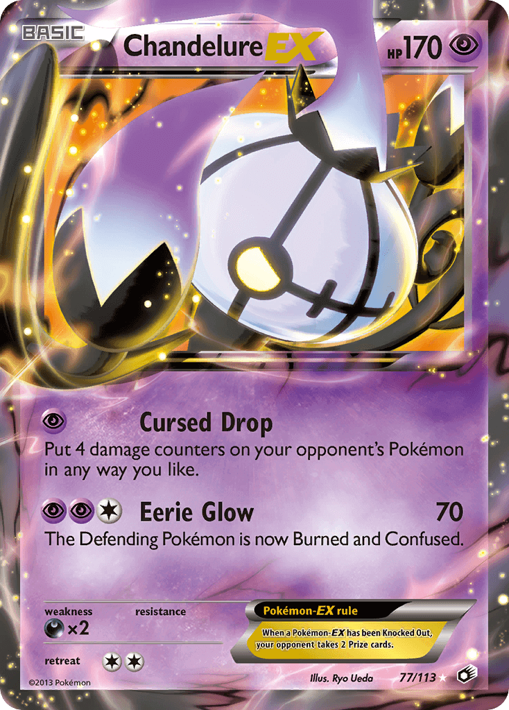 Chandelure EX (77/113) [Black & White: Legendary Treasures] featuring Psychic abilities and high HP in a collectible Pokémon card design.