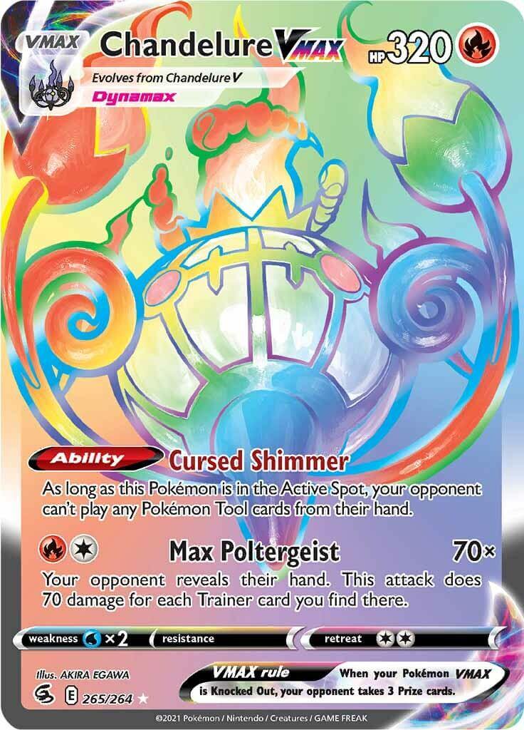Chandelure VMAX (265/264) [Sword & Shield: Fusion Strike] card featuring Cursed Shimmer and Max Poltergeist abilities.
