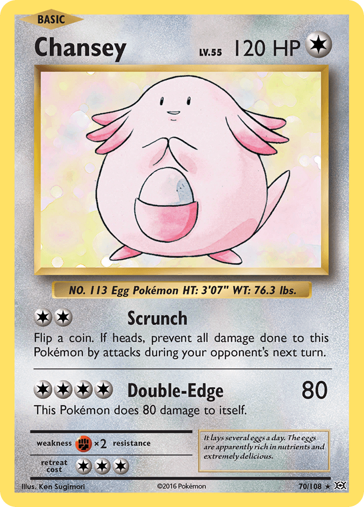Chansey (70/108) [XY: Evolutions] holographic trading card featuring pink Egg Pokémon illustration.
