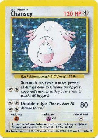 Chansey (3/102) [Base Set Unlimited] Holo Rare trading card featuring HP stats and attack details