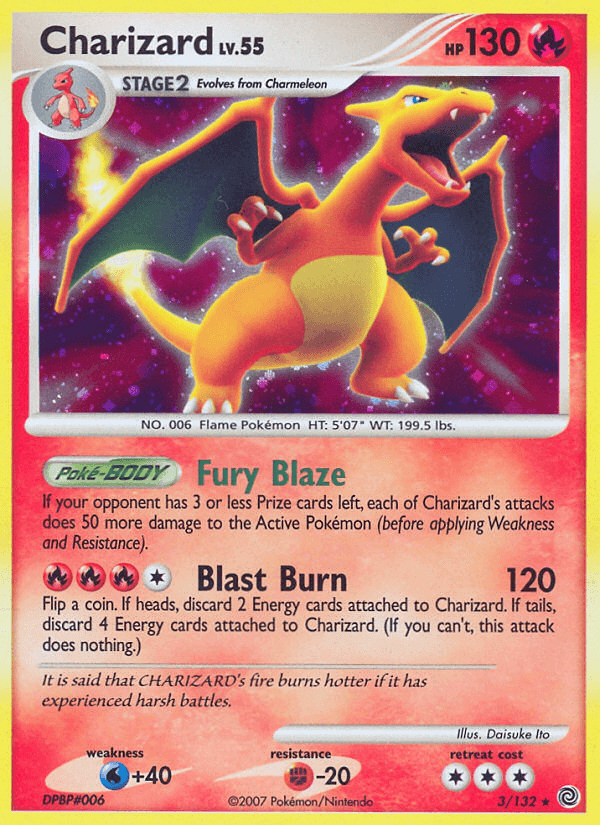 Charizard (3/132) [Diamond & Pearl: Secret Wonders] holo rare card showcasing Fury Blaze and Blast Burn moves.