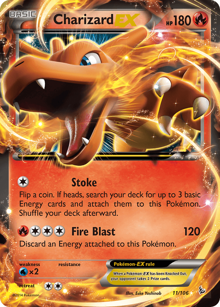 Charizard EX (11/106) [XY: Flashfire] card featuring Fire type with HP 180 and attacks Stoke and Fire Blast.