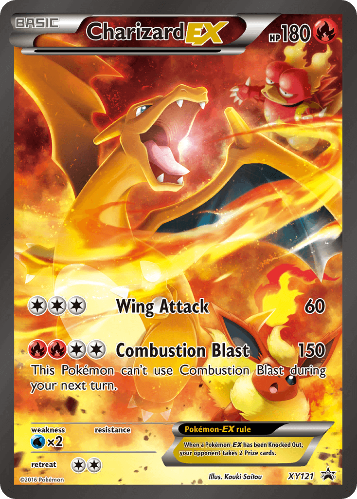Charizard EX (XY121) [XY: Black Star Promos] card featuring fire-type abilities and artwork by Kouki Saitou.
