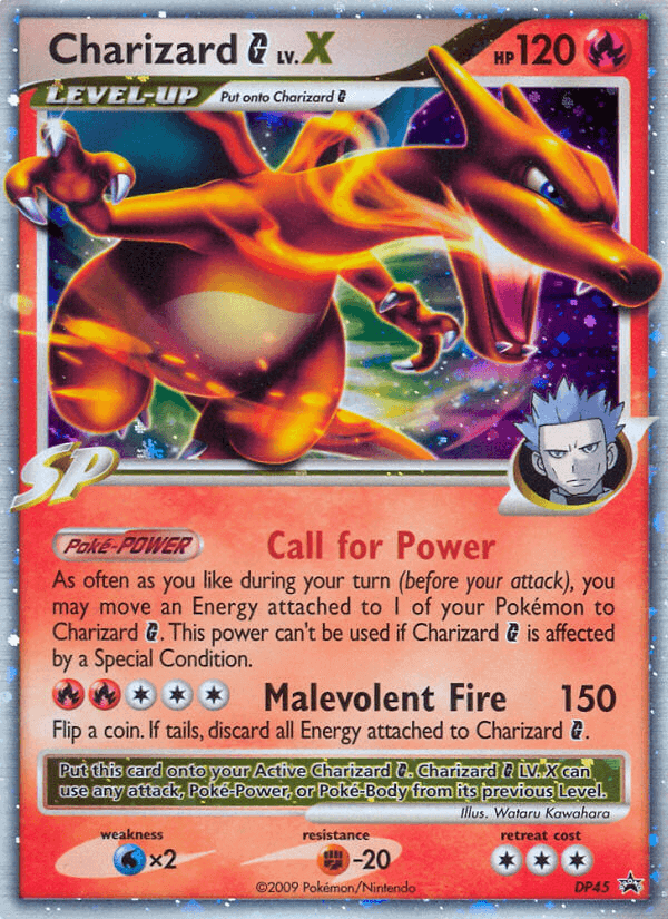 Charizard G LV.X (DP45) [Diamond & Pearl: Black Star Promos] featuring Call for Power and Malevolent Fire moves.