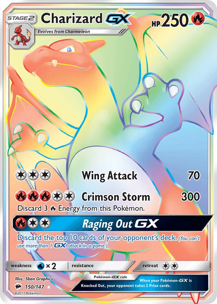 Charizard GX (150/147) [Sun & Moon: Burning Shadows] featuring HP 250 and move details like Wing Attack and Crimson Storm.