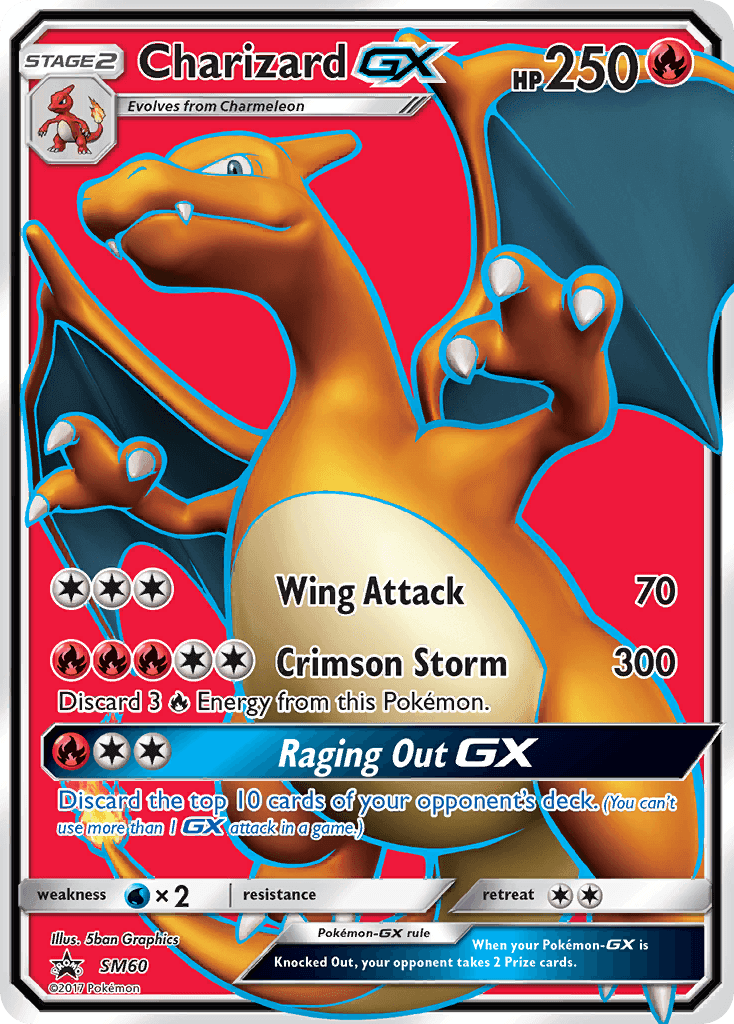 Charizard GX (SM60) [Sun & Moon: Black Star Promos] card showcasing Wing Attack and Raging Out GX abilities.