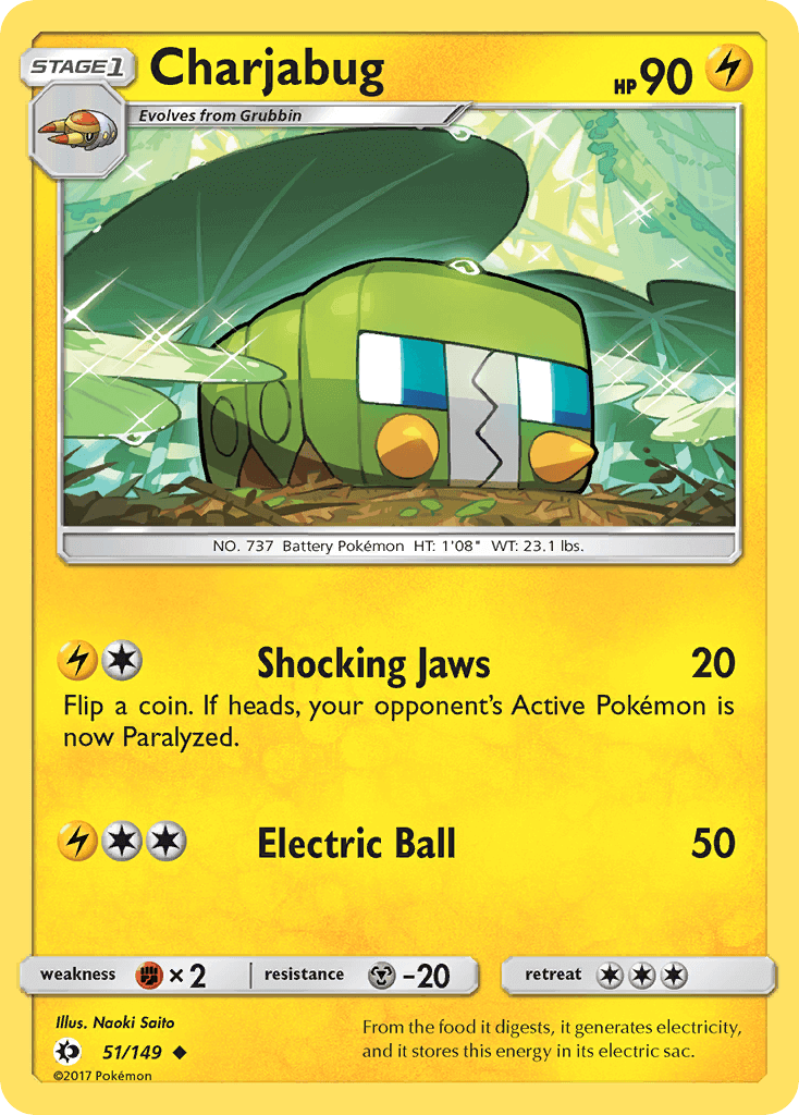 Charjabug (51/149) [Sun & Moon: Base Set] card featuring HP, attacks, and rarity information.