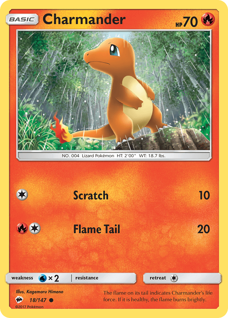 Charmander (18/147) [Sun & Moon: Burning Shadows] card featuring HP, attacks, and a vibrant illustration.