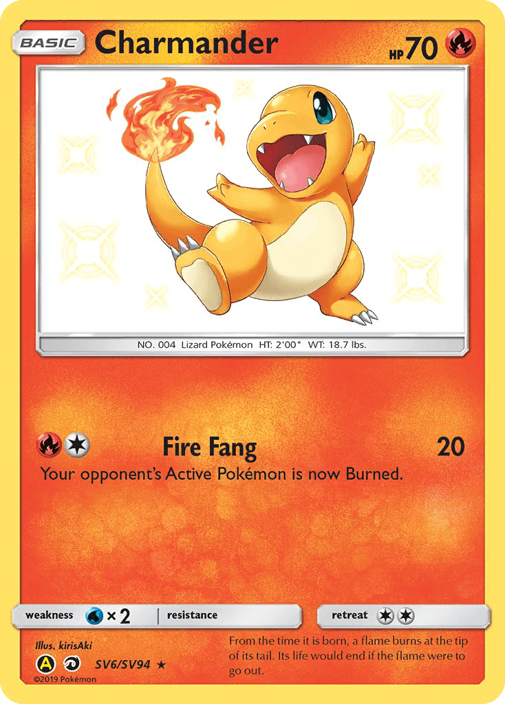 Charmander (SV6/SV94) [Sun & Moon: Hidden Fates - Shiny Vault] featuring Fire Fang attack and vibrant design.