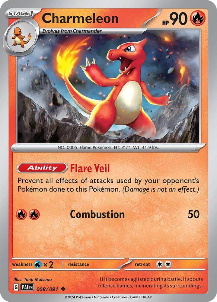 Charmeleon (008/091) [Scarlet & Violet: Paldean Fates] card featuring its Flare Veil ability and fiery appearance.