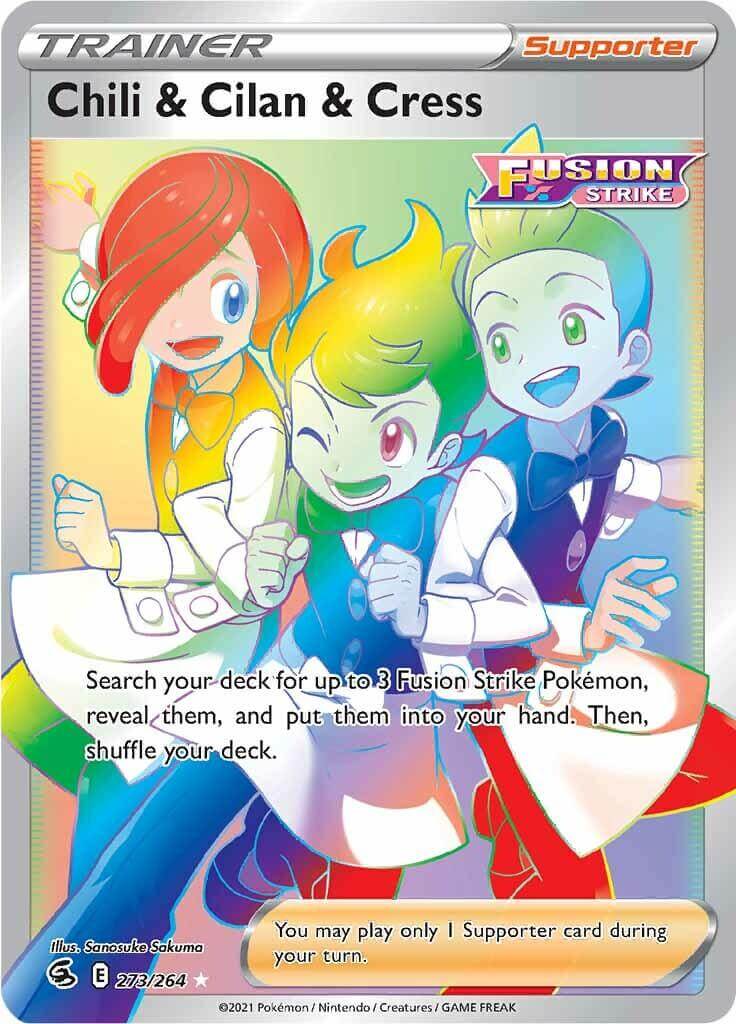 Chili & Cilan & Cress (273/264) [Sword & Shield: Fusion Strike] Supporter card showcasing vibrant characters.
