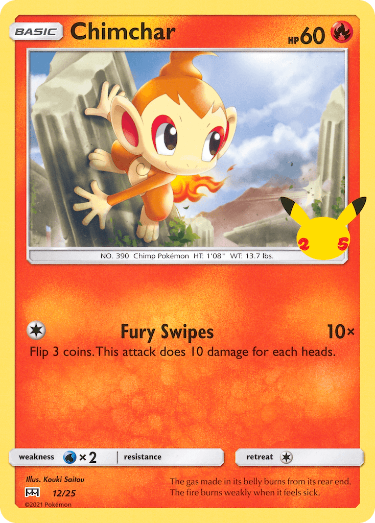 Chimchar (12/25) [McDonald's 25th Anniversary] Pokémon card showcasing its attack and stats.