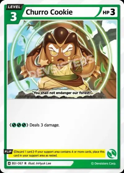 Churro Cookie BS1-067 R | Rare Card with a character warning to protect the forest and showing damage dealt.