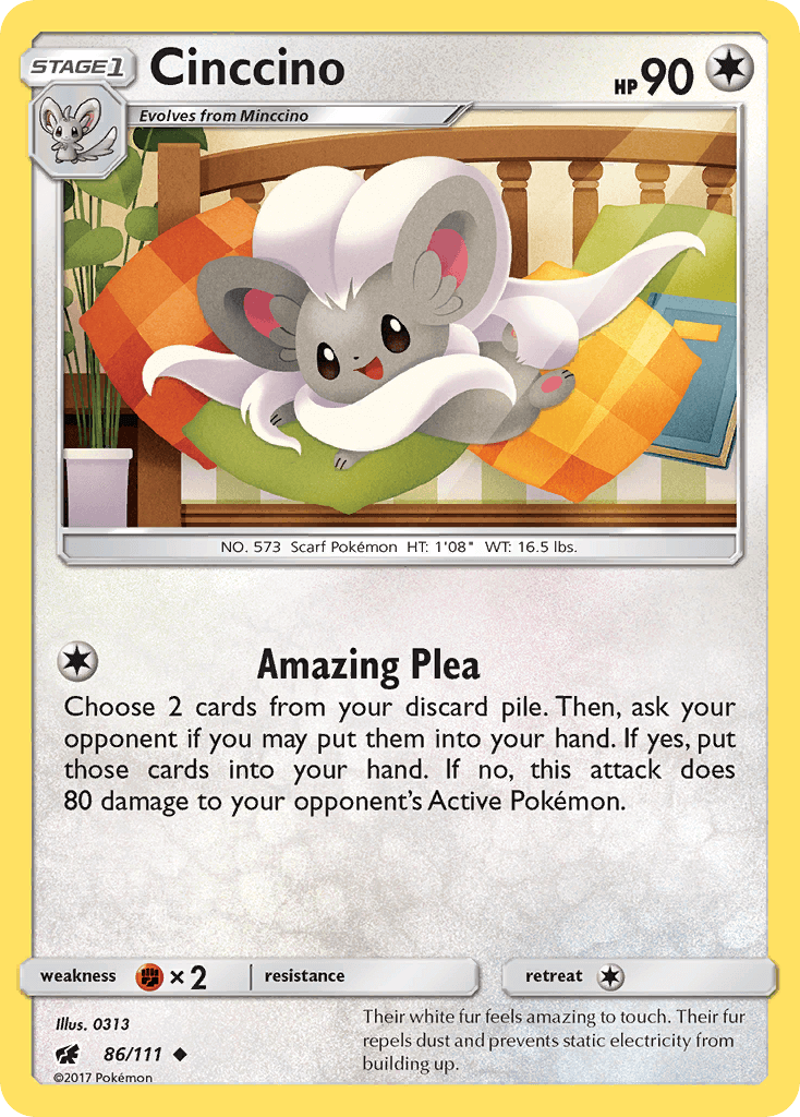 Cinccino (86/111) [Sun & Moon: Crimson Invasion] card featuring Amazing Plea attack and colorful artwork.