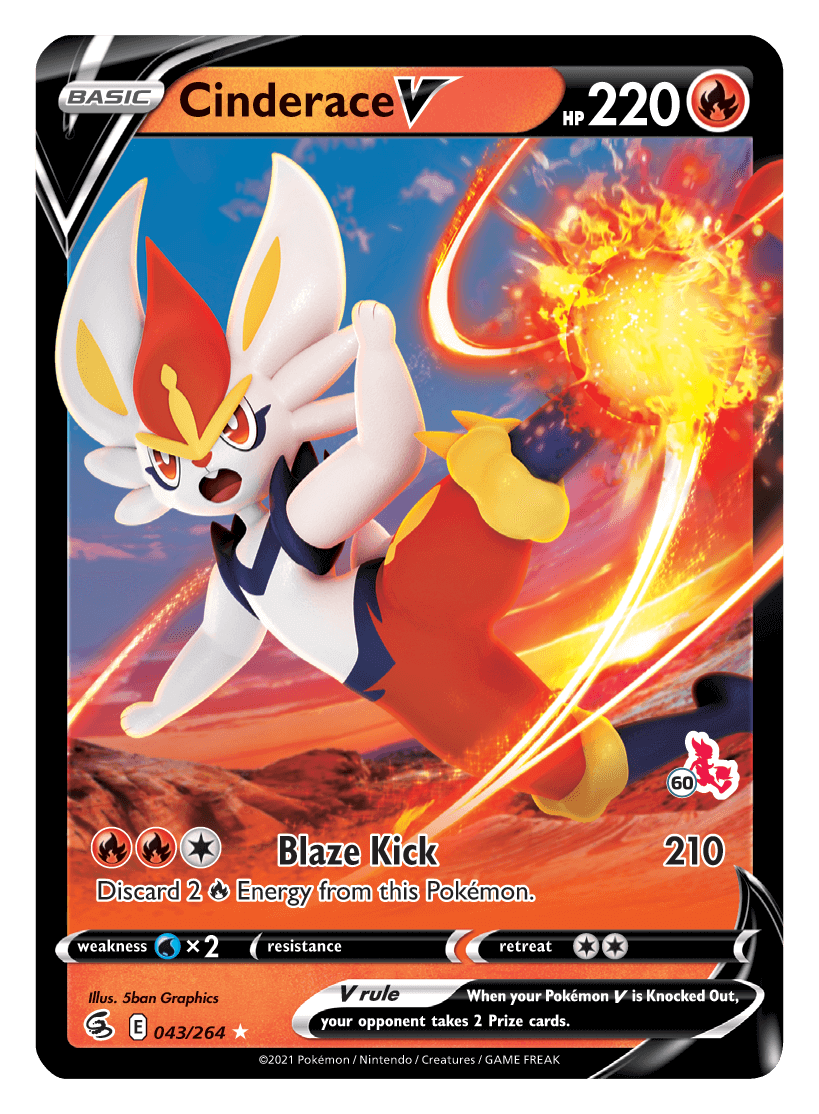 Cinderace V (043/264) (Cinderace Stamp #60) [Battle Academy 2022] featuring Blaze Kick move.