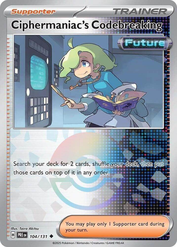 Ciphermaniac's Codebreaking (104/131) (Poke Ball Pattern) [Scarlet & Violet: Prismatic Evolutions] card featuring a character with a book.