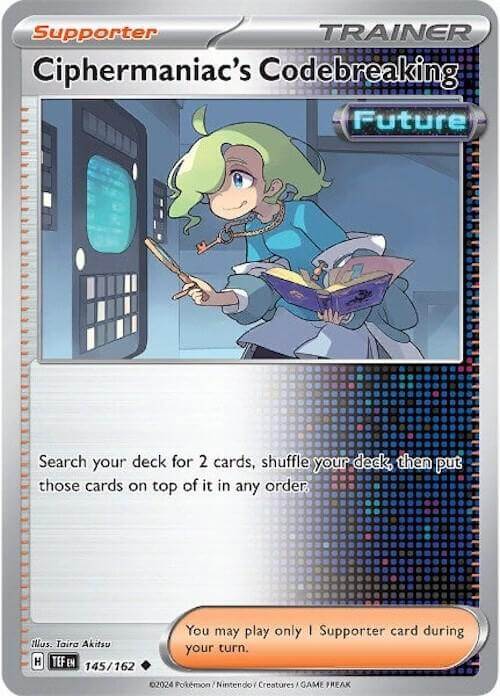 Ciphermaniac's Codebreaking (145/162) [Scarlet & Violet: Temporal Forces] Supporter card showing a character with a book.