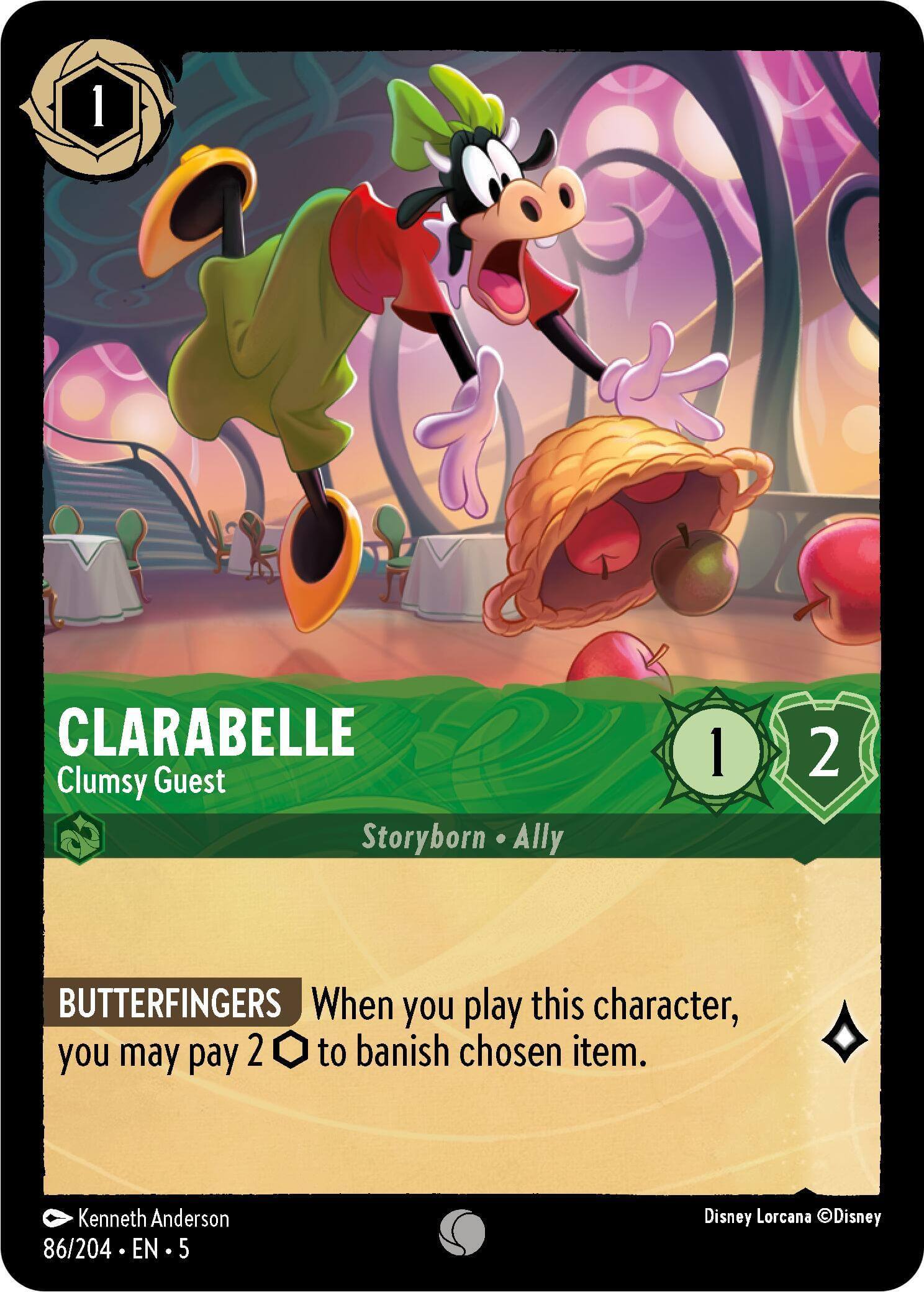 Clarabelle - Clumsy Guest (86/204) [Shimmering Skies] card showcasing character abilities and design.