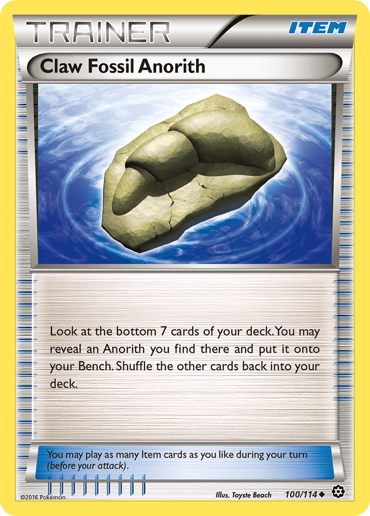 Claw Fossil Anorith (100/114) [XY: Steam Siege] trainer card showcasing the item details and gameplay instructions.