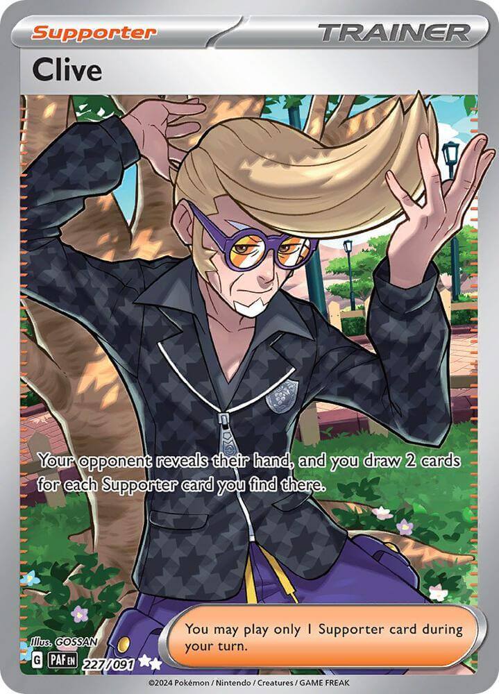 Clive (227/091) [Scarlet & Violet: Paldean Fates] Supporter card art featuring character in a dynamic pose.
