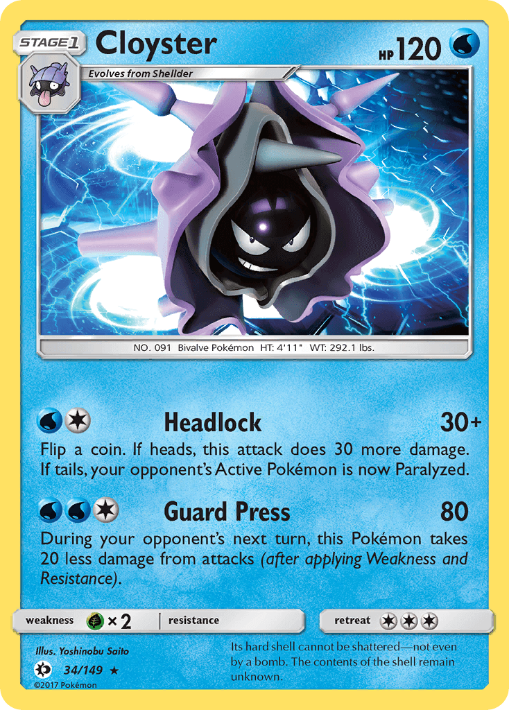 Cloyster (34/149) [Sun & Moon: Base Set] card showing HP 120, Water type, with Headlock and Guard Press attacks.
