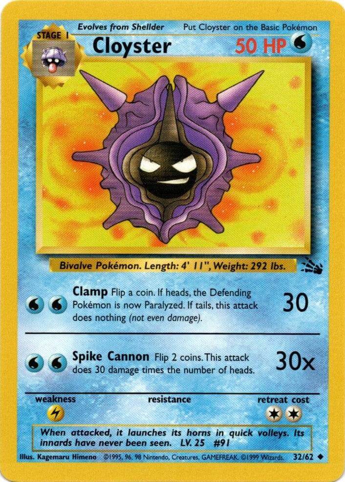 Cloyster (32/62) [Fossil Unlimited] card with 50 HP, showcasing attacks Clamp and Spike Cannon.