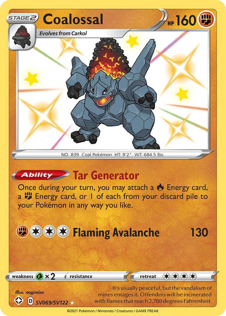 Coalossal (SV069/SV122) [Sword & Shield: Shining Fates] card showcasing Tar Generator ability and Flaming Avalanche attack.