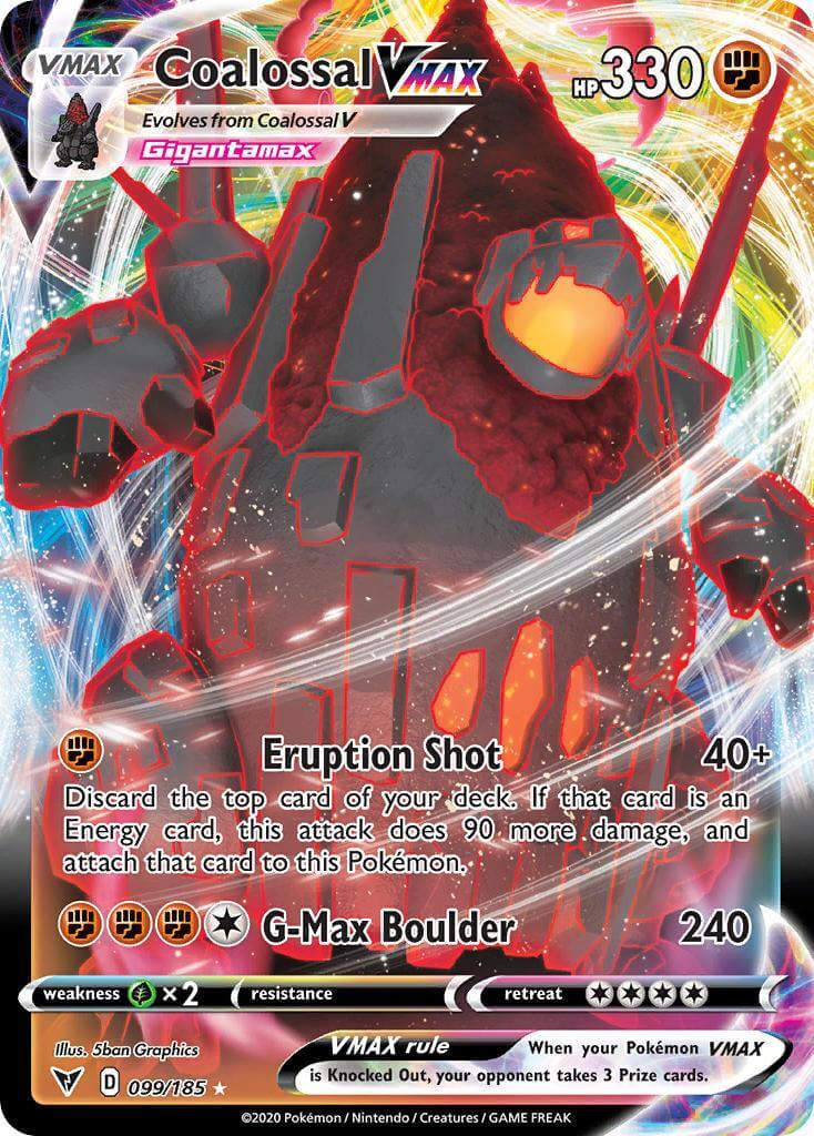 Coalossal VMAX (099/185) [Sword & Shield: Vivid Voltage] featuring Gigantamax form and HP 330.
