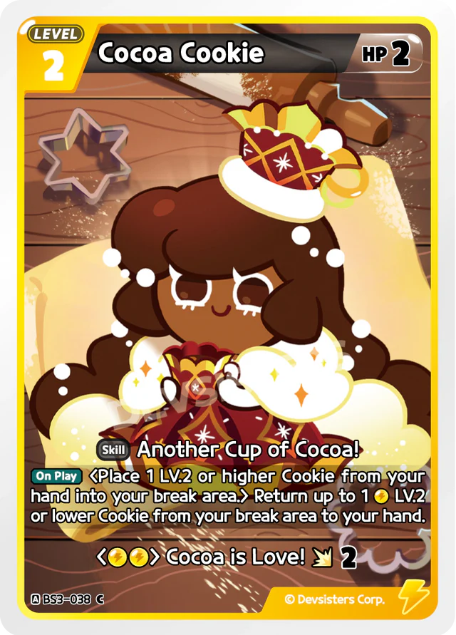 Cocoa Cookie BS3-038 C | Common Card showcasing a cute character with a crown and cocoa-themed skill.