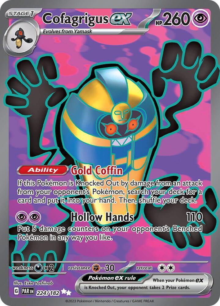 Cofagrigus ex (224/182) [Scarlet & Violet: Paradox Rift] Ultra Rare Psychic Pokémon card with abilities Gold Coffin and Hollow Hands.