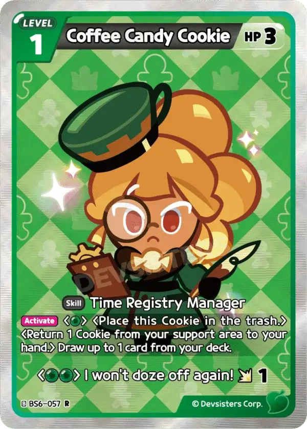 Coffee Candy Cookie BS6-057 R | Rare Card featuring a cookie character with a green background.