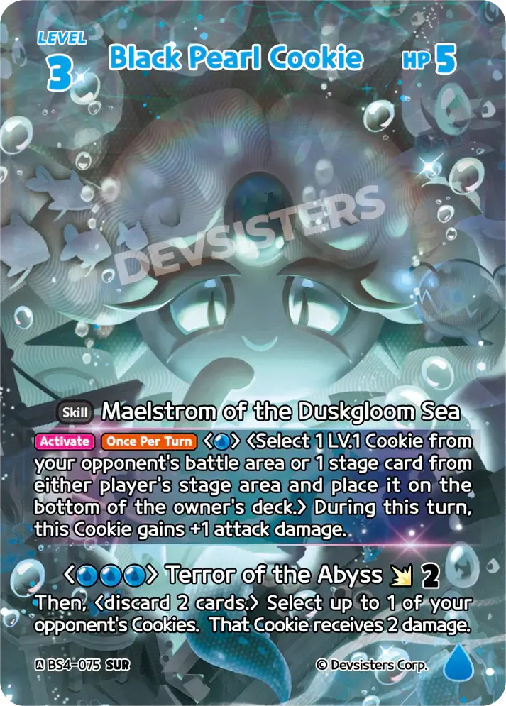 CookieRun TCG - Black Pearl Cookie [BS4-075 SUR] Cookie Run TCG Super Ultra Rare Card featuring Maelstrom of the Duskgloom Sea skill.