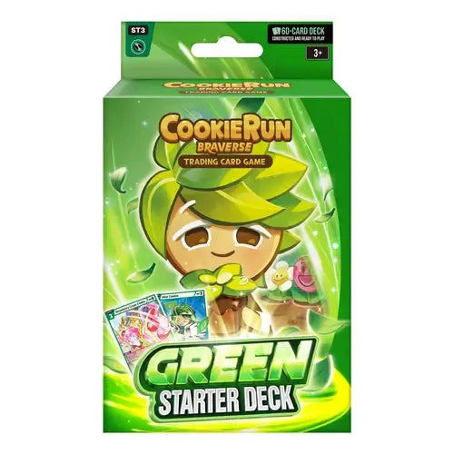 Cookie Run Starter Bundle - Choice of Starter Deck + Heroes & Kingdoms Booster Box featuring Green Starter Deck packaging.